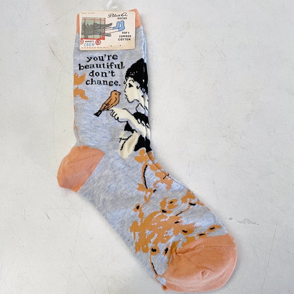 NEW Blue Q Womens Crew Socks "You're Beautiful, Don't Change" Saying NWT